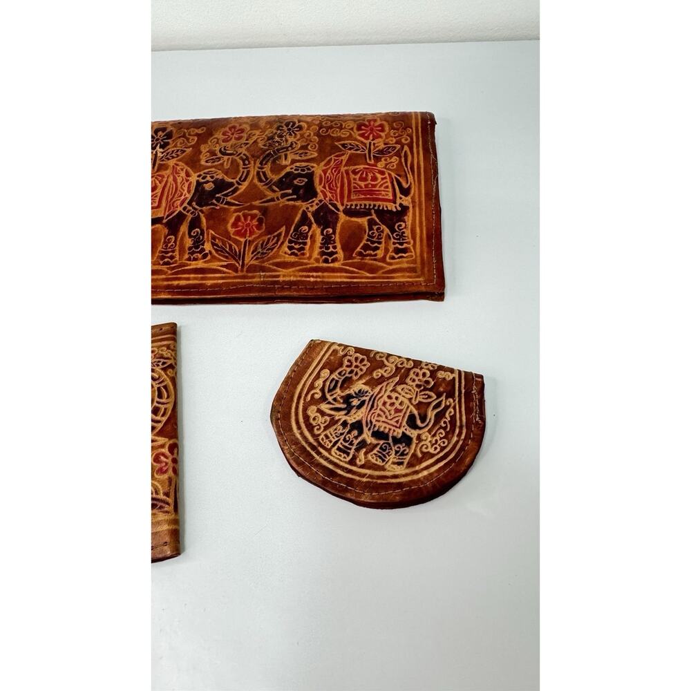 Vintage 3-Piece Leather Elephant Clutch Wallet Coin Hand Tooled India - Picture 9 of 12